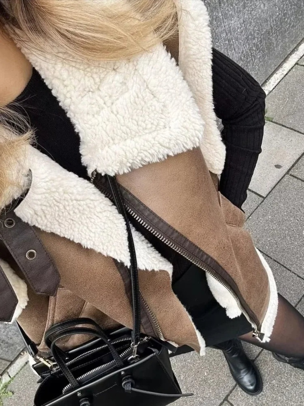 Faux Shearling Suede Vest in Tan and Cream - Women